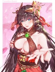 Rule 34 | 1girl, artist name, bare shoulders, black hair, blue eyes, blush, breasts, cleavage, collarbone, copyright name, crusaders quest, dress, flower, hair flower, hair ornament, highres, large breasts, long hair, looking at viewer, low twintails, red dress, smile, solo, tagme, teeth, twintails, upper teeth only, very long hair, wangxiii