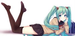 Rule 34 | 1girl, alternate costume, aqua eyes, aqua hair, black thighhighs, caidychen, full body, hatsune miku, head rest, highres, legs up, loafers, long hair, looking at viewer, lying, neckerchief, on stomach, pleated skirt, school uniform, serafuku, shoes, skirt, solo, thighhighs, twintails, very long hair, vocaloid