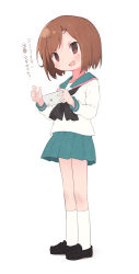 Rule 34 | 1girl, a channel, black footwear, blush, brown eyes, brown hair, cellphone, green skirt, highres, holding, holding phone, imai yutaka, iphone, loafers, long sleeves, looking at viewer, okayparium, open mouth, phone, shoes, short hair, skirt, smartphone, smile, socks, solo, standing, translation request, white socks