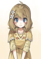 Rule 34 | absurdres, ahoge, blue eyes, blush, brown hair, child, closed mouth, collarbone, commentary request, dress, flat chest, floral print, flower, gradient background, hair flower, hair ornament, highres, idolmaster, idolmaster million live!, long sleeves, looking at viewer, medium hair, semi colon, solo, suou momoko, upper body, v arms, wavy hair, yellow background, yellow dress
