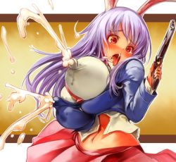 Rule 34 | 1girl, blush, breasts, covered erect nipples, female focus, huge breasts, lactation, lactation through clothes, long hair, navel, purple hair, red eyes, reisen udongein inaba, sachito, solo, tongue, tongue out, touhou, weapon