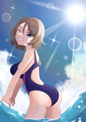 ass blue_eyes brown_hair from_behind highres love_live! love_live!_sunshine!! ocean one_eye_closed stretching swimsuit teeth watanabe_you water wink