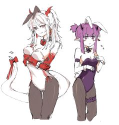 Rule 34 | 2girls, animal ears, arknights, arm tattoo, bare shoulders, black collar, black legwear, blush, bow, bowtie, breast rest, breasts, chinese commentary, cleavage, collar, colored skin, cropped legs, demon horns, detached collar, dragon girl, dragon horns, dragon tail, ear piercing, fake animal ears, feet out of frame, female focus, flying sweatdrops, highres, horns, lava (arknights), leotard, looking at viewer, mabing, medium breasts, medium hair, multiple girls, nian (arknights), pantyhose, piercing, playboy bunny, pointy ears, ponytail, purple eyes, purple hair, purple leotard, purple neckwear, rabbit ears, rabbit tail, red eyes, red neckwear, red skin, short hair with long locks, short twintails, simple background, small breasts, smile, smirk, tail, tail bow, tail ornament, tattoo, twintails, white background, white collar, white hair, white leotard
