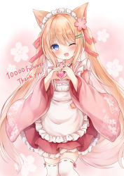 Rule 34 | 1girl, :d, animal ear fluff, animal ears, apron, artist name, bad id, bad pixiv id, blonde hair, blue eyes, blush, cowboy shot, dress, eyes visible through hair, floral background, flower, fox ears, fox girl, fox tail, frilled dress, frills, hair between eyes, hair flower, hair ornament, hair ribbon, hairclip, hands up, heart, heart hands, highres, kata rosu, long hair, long sleeves, maid, maid apron, maid headdress, milestone celebration, one eye closed, open mouth, original, pink background, red dress, red ribbon, ribbon, short dress, smile, solo, standing, tail, tail raised, thank you, thighhighs, twintails, very long hair, white thighhighs, wide sleeves, zettai ryouiki