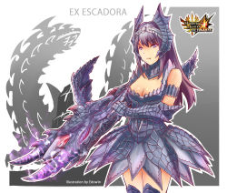 Rule 34 | 1girl, alatreon (armor), armor, armored boots, armored dress, bare shoulders, boots, bowgun, breasts, cleavage cutout, clothing cutout, collar, collarbone, edwin (cyberdark impacts), gauntlets, headdress, highres, long hair, medium breasts, monster hunter, monster hunter (series), monster hunter 4 g, pout, purple eyes, purple hair, sidelocks, solo, thighhighs, weapon, zettai ryouiki