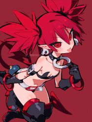 Rule 34 | 1girl, :p, black collar, black gloves, black thighhighs, breasts, cleavage, collar, commentary, disgaea, earrings, etna (disgaea), gloves, highres, jewelry, long hair, looking at viewer, makai senki disgaea, navel, red background, red eyes, red hair, short hair, simple background, skull earrings, small breasts, smile, solo, suzu i, thighhighs, thighs, tongue, tongue out, twintails, twitter username