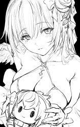 Rule 34 | 1girl, angel wings, blush, breasts, character doll, cleavage, collarbone, criss-cross halter, dorothy (nikke), dorothy (nostalgia) (nikke), dress, goddess of victory: nikke, greyscale, hair bun, hair ornament, halterneck, haoni, highres, holding, large breasts, long hair, looking at viewer, monochrome, parted lips, pinne (nikke), sketch, smile, solo, unfinished, wings