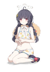 Rule 34 | 1girl, bikini, black hair, blue archive, blush, braid, bright pupils, collarbone, commentary, cram960, flat chest, halo, highres, leaf, leaf on head, long hair, miyu (blue archive), miyu (swimsuit) (blue archive), navel, official alternate costume, red eyes, sitting, solo, stomach, swimsuit, twin braids, white bikini, white pupils