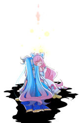 Rule 34 | blue cape, blue dress, blue footwear, blue hair, boots, bow, cape, closed eyes, closed mouth, commentary request, cure prism, cure sky, detached sleeves, dress, elbow gloves, fringe trim, gloves, gradient hair, hair bow, hirogaru sky! precure, hug, long hair, magical girl, medium dress, mitumi mira, multicolored hair, nijigaoka mashiro, partial commentary, pink hair, precure, puffy detached sleeves, puffy sleeves, sitting, sleeveless, sleeveless dress, smile, sora harewataru, twintails, very long hair, wariza, white bow, white dress, white footwear, white gloves, wing hair ornament
