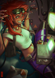 Rule 34 | 1girl, aged up, breasts, cigar, collar, commentary, computer, cowboy bebop, crop top, edward wong hau pepelu tivrusky iv, egg, fingerless gloves, gloves, goggles, goggles on head, grin, highres, laptop, monitor, navel, no bra, pants, red hair, ruben de vela, screen light, short hair, short hair with long locks, sitting, small breasts, smile, smoking, solo, tank top, tattoo