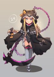 Rule 34 | 1girl, abigail williams (fate), armored boots, belt collar, black bow, black capelet, black cloak, black leotard, blonde hair, blue eyes, blush, boots, bow, braid, breasts, capelet, chain, cloak, closed mouth, collar, commentary, cosplay, english commentary, fate/grand order, fate (series), forehead, full body, grey background, hair bow, holding, holding scythe, hood, hood up, hooded capelet, hooded cloak, leotard, long hair, looking at viewer, low-tied long hair, medusa (fate), medusa (lancer) (fate), medusa (lancer) (fate) (cosplay), medusa (rider) (fate), miya (miyaruta), multiple bows, orange bow, parted bangs, parted lips, rider, scythe, shadow, sidelocks, single braid, small breasts, solo, thighhighs, very long hair