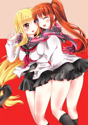 2girls blonde_hair blue_eyes blush couple fate_testarossa geko hair_ornament happy holding_hands long_hair looking_at_another lyrical_nanoha mahou_shoujo_lyrical_nanoha mahou_shoujo_lyrical_nanoha_a&#039;s multiple_girls open_mouth orange_hair red_eyes scarf school_uniform skirt smile sweater takamachi_nanoha very_long_hair winter yuri