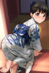 Rule 34 | 1girl, absurdres, all fours, ass, back bow, barefoot, black hair, blue bow, blue scrunchie, blurry, blurry background, blush, bow, brown eyes, bucket, commentary request, depth of field, floral print, foot out of frame, full moon, hair bun, highres, japanese clothes, kimono, looking at viewer, matsunaga kouyou, moon, original, outdoors, panties, print kimono, scrunchie, see-through, see-through kimono, short hair, single hair bun, smile, soles, solo, sunlight, toes, underwear, wave print, white kimono, white panties, wooden bucket, wooden floor