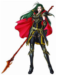 Rule 34 | 1girl, armor, breasts, cape, cleavage, earrings, fire emblem, fire emblem: path of radiance, green hair, highres, jewelry, kita senri, lance, lipstick, long hair, makeup, medium breasts, nintendo, official art, polearm, prague (fire emblem), purple eyes, simple background, solo, spear, weapon, white background