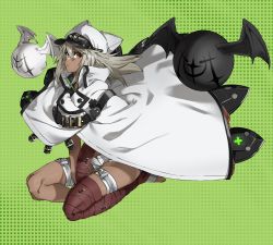 Rule 34 | 1girl, bandaged arm, bandaged leg, bandages, between legs, cloak, closed mouth, commentary, dark-skinned female, dark skin, expressionless, eyelashes, full body, green background, grey hair, guilty gear, guilty gear strive, hair between eyes, hand between legs, hat, highres, looking at viewer, lucifero (guilty gear), medium hair, o-ring, o-ring legwear, orange eyes, own hands together, patterned background, peaked cap, ramlethal valentine, seiza, short shorts, shorts, simple background, sitting, solo, strap, thigh strap, toes, white cloak, white hat, white shorts, wings, yoshimaro