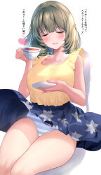 Rule 34 | 1girl, blue skirt, blush, breasts, closed eyes, collarbone, cup, dress, floral print skirt, green hair, highres, holding, holding cup, holding saucer, idolmaster, idolmaster cinderella girls, idolmaster cinderella girls starlight stage, medium breasts, mole, mole under eye, open mouth, panties, pantyshot, ponytail korosuke, saucer, short hair, simple background, sitting, skirt, smile, solo, striped clothes, striped panties, takagaki kaede, teacup, thighs, underwear, white background, yellow dress