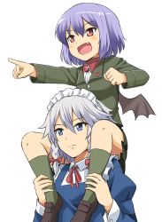 Rule 34 | 10s, 2girls, alternate costume, bat wings, blue dress, blue eyes, braid, carrying, commentary request, dress, fang, girls und panzer, izayoi sakuya, juliet sleeves, long sleeves, maid, maid headdress, multiple girls, open mouth, parody, piggyback, pointing, pointing forward, puffy sleeves, purple hair, red eyes, remilia scarlet, shimouki izui, shirt, shoulder carry, silver hair, skirt, smile, touhou, twin braids, wings