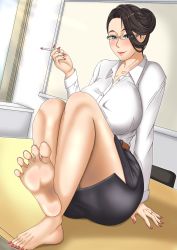 Rule 34 | 1girl, absurdres, barefoot, black hair, blue eyes, blush, breasts, cigarette, classroom, desk, feet, glasses, highres, jewelry, large breasts, long hair, looking at viewer, mature female, miniskirt, nail polish, ring, skirt, smile, smoking, soles, teacher, toenail polish, toenails, toes, whiteboard