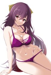 Rule 34 | 1girl, absurdres, arm support, bow, bra, breasts, hair bow, highres, honma (honmatomohiro), kamikaze (kancolle), kantai collection, large breasts, looking at viewer, navel, panties, purple bra, purple eyes, purple hair, purple panties, sitting, solo, underwear, underwear only, yellow bow