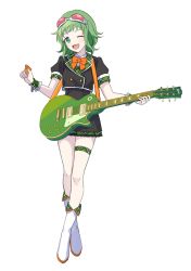 Rule 34 | 1girl, ;d, adapted costume, black shirt, black skirt, blouse, boots, buttons, crossed ankles, dot nose, double-breasted, electric guitar, fingernails, frilled cuffs, frilled skirt, frills, full body, goggles, goggles on head, green eyes, green hair, guitar, gumi, head tilt, holding, holding instrument, holding plectrum, instrument, knee boots, leo/need (project sekai), looking at viewer, memel, nail polish, neck ribbon, one eye closed, open mouth, orange nails, orange ribbon, pale skin, plaid, plaid wrist cuffs, pleated skirt, plectrum, project sekai, puffy short sleeves, puffy sleeves, ribbon, shirt, short hair, short sleeves, sidelocks, simple background, skirt, smile, solo, standing, thigh strap, vocaloid, wavy hair, white background, white footwear, wing collar, wrist cuffs