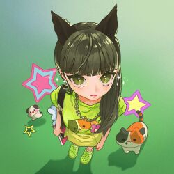 Rule 34 | 1girl, :3, animal ears, animification, black hair, book, cat, chain, crocs, fake animal ears, from above, green background, green eyes, green footwear, green hair, green shirt, guriming, haerin (newjeans), highres, holding, holding book, jewelry, k-pop, korean commentary, long hair, necklace, newjeans, real life, shadow, shirt, smile, solo, sparkle, star (symbol)