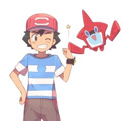 Rule 34 | 1boy, ame (ame025), ash ketchum, baseball cap, black hair, blue shirt, brown eyes, brown pants, clenched hand, commentary request, creatures (company), fist bump, game freak, gen 4 pokemon, grin, hand on own hip, hand up, hat, male focus, nintendo, one eye closed, pants, pokemon, pokemon (anime), pokemon (creature), pokemon sm (anime), red headwear, rotom, rotom dex, shirt, short hair, short sleeves, sideways glance, simple background, smile, striped clothes, striped shirt, teeth, white background, z-ring