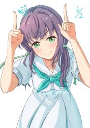 Rule 34 | 1girl, absurdres, aqua neckerchief, blush, breasts, c:, closed mouth, commentary request, cowboy shot, dated, doodle inset, dress, green eyes, green ribbon, hair ribbon, hasu no sora school uniform, highres, horns pose, ixianim, leaning forward, link! like! love live!, long hair, looking at viewer, love live!, low twintails, medium breasts, neckerchief, otomune kozue, pleated dress, purple hair, ribbon, sailor collar, sailor dress, school uniform, sidelocks, simple background, smile, solo, summer uniform, twintails, virtual youtuber, white background, white dress, white sailor collar