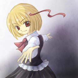 Rule 34 | 1girl, ancolo, blonde hair, embodiment of scarlet devil, ex-rumia, female focus, gradient background, grey background, outstretched arms, red eyes, rumia, short hair, solo, spread arms, standing, touhou, white background
