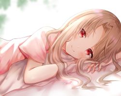 Rule 34 | 1girl, blonde hair, blush, closed mouth, commentary request, fate/kaleid liner prisma illya, fate (series), illyasviel von einzbern, long hair, looking at viewer, lying, nasii, on bed, on side, parted bangs, pink shirt, pov across bed, red eyes, shirt, short sleeves, smile, solo, under covers, upper body