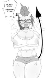 Rule 34 | absurdres, angry, blush, breasts squeezed together, breasts, cleavage, crop top, crossed arms, demon girl, embarrassed, glasses, gs16 (chug), gym shorts, high ponytail, highres, horns, huffing, jourjii, large breasts, looking at viewer, medium hair, midriff, monochrome, motion lines, nipples, nipples visible through clothes, oni horns, original, ponytail, shorts, sideboob, speech bubble, sweat, tail, tail raised, tank top