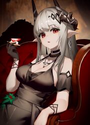 Rule 34 | 1girl, arknights, black dress, black gloves, blush, breasts, cine (wazd0183), cleavage, collar, couch, detached sleeves, dress, food, gloves, grey hair, hair ornament, highres, holding, holding food, horns, infection monitor (arknights), jewelry, large breasts, long hair, looking at viewer, mudrock (arknights), mudrock (obsidian) (arknights), necklace, official alternate costume, on couch, parted lips, pointy ears, red eyes, short sleeves, sitting, sleeveless, sleeveless dress, solo