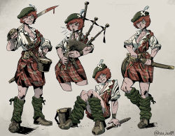 Rule 34 | 1girl, bagpipes, blood, bloody weapon, body freckles, boots, breasts, cleavage, dagger, drum, freckles, green eyes, hat, highres, ho-uja, instrument, kilt, knife, leggings, original, plaid, red hair, scabbard, scar, scotland, sheath, short hair, smile, solo, sword, weapon