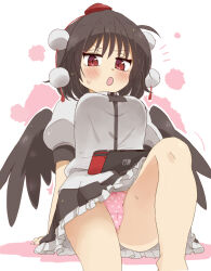 Rule 34 | 1girl, absurdres, arm support, black hair, black skirt, black wings, blush, bow, bow panties, breasts, collared shirt, colored shadow, dress shirt, feathered wings, feet out of frame, frilled skirt, frills, hat, highres, knee up, looking at viewer, low wings, medium breasts, mini hat, nintendo switch, open mouth, outline, panties, pink background, pink panties, pleated skirt, polka dot, polka dot panties, puffy short sleeves, puffy sleeves, red eyes, red hat, shadow, shameimaru aya, shirt, short sleeves, sitting, skirt, solo, sweat, tokin hat, totoharu (kujirai minato), touhou, two-tone background, underwear, white background, white outline, white shirt, wings