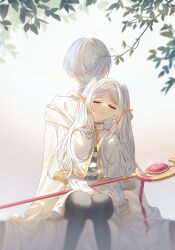 Rule 34 | 1boy, 1girl, absurdres, cape, capelet, closed eyes, earrings, elf, frieren, highres, himmel (sousou no frieren), holding, holding staff, innoarukugyou, jewelry, long hair, mage staff, pointy ears, sousou no frieren, staff, white cape, white capelet, white hair