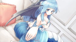 Rule 34 | 1girl, artist request, ass, back, bare shoulders, black wings, blue dress, blue eyes, blue hair, blue scales, blush, breasts, cleavage, covering privates, covering breasts, dress, facial mark, game cg, lamia, long hair, looking at viewer, lucine (monster musume), medium breasts, monster girl, monster musume no iru nichijou, monster musume no iru nichijou online, official art, pillow, reaching, reaching towards viewer, smile, solo, wings