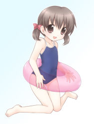 Rule 34 | atlus, barefoot, bow, brown eyes, brown hair, child, doujima nanako, feet, flat chest, hair bow, happy, innertube, one-piece swimsuit, original, persona, persona 4, school swimsuit, see-through, short twintails, solo, swim ring, swimsuit, twintails, usashiro mani
