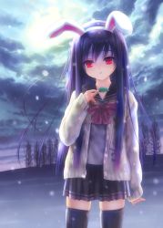 Rule 34 | 1girl, absurdres, animal ears, black thighhighs, bow, child, goto p, hairband, highres, huge filesize, leaf, long hair, multicolored hair, open mouth, original, rabbit ears, red eyes, school uniform, skirt, snow, snowing, solo, thighhighs, tree, two-tone hair, zettai ryouiki