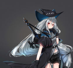 Rule 34 | 1girl, absurdres, adjusting collar, arknights, artist name, belt, black coat, black gloves, black hat, black shorts, bracelet, breasts, closed mouth, coat, cowboy shot, expressionless, floating hair, gloves, gradient background, grey background, grey shirt, hair between eyes, hat, highres, jewelry, ku-ini, long hair, looking at viewer, low-tied long hair, midriff, navel, neckerchief, partially unbuttoned, red eyes, science fiction, shirt, short shorts, shorts, shoulder strap, signature, silver hair, simple background, skadi (arknights), small breasts, solo, sword, thighs, weapon