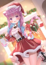 Rule 34 | 1girl, :d, absurdres, animal ear fluff, animal ears, bell, belt, black belt, blue hair, blush, braid, breasts, cat ears, cat girl, cat tail, christmas, commentary request, detached sleeves, dress, dutch angle, extra ears, fireplace, fur-trimmed dress, fur trim, gift, hat, high heels, highres, holding, holding gift, hololive, incoming gift, indoors, long hair, long sleeves, medium breasts, minato aqua, multicolored hair, neck bell, open mouth, outstretched arm, pink hair, purple eyes, red dress, santa costume, santa hat, shokorate, smile, solo, standing, standing on one leg, tail, twin braids, twintails, two-tone hair, virtual youtuber