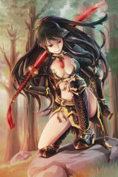 Rule 34 | 1girl, armor, armored boots, bikini armor, black armor, black hair, boots, breasts, commentary request, forest, full body, gauntlets, grass, grin, holding, holding sword, holding weapon, japanese armor, katana, large breasts, long hair, looking down, natsuya (kuttuki), nature, on one knee, red eyes, rock, scabbard, sheath, shoulder armor, smile, sode, solo, sword, tree, venus blade, weapon