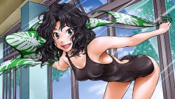 Rule 34 | 1girl, :d, amagami, bent over, black eyes, black hair, curly hair, fukudahda, leaning forward, light rays, long hair, looking at viewer, one-piece swimsuit, open mouth, outstretched arms, smile, solo, spread arms, sunbeam, sunlight, swimsuit, tanamachi kaoru, towel, wavy hair, wet, window