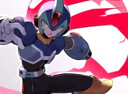 Rule 34 | 1boy, arm cannon, armor, blue armor, blue helmet, blurry, blurry background, cape, eye trail, forehead jewel, green eyes, holographic clothing, light trail, mega man (series), mega man x: command mission, mega man x (series), new armor x (mega man), red cape, shoulder armor, simple background, solo, upper body, vani (hisha 04), weapon, white background, x (mega man)