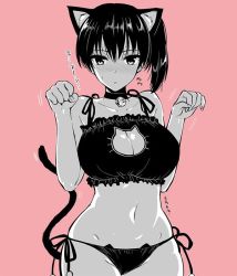 Rule 34 | 1girl, alternate costume, animal ears, bell, blush, bra, breasts, cat cutout, cat day, cat ear panties, cat ears, cat lingerie, cat tail, choker, cleavage, cleavage cutout, closed mouth, clothing cutout, collar, collarbone, commentary request, frilled bra, frills, groin, hair between eyes, jingle bell, kaga (kancolle), kantai collection, kojima saya, large breasts, lingerie, looking at viewer, medium hair, meme attire, navel, neck bell, panties, partially colored, paw pose, side-tie panties, side ponytail, simple background, skindentation, solo, standing, tail, underwear, underwear only