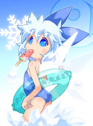 Rule 34 | 1girl, blue background, blue eyes, blue hair, blue one-piece swimsuit, blush, bow, cirno, cowboy shot, female focus, food, from side, gradient background, hair bow, highres, ice, innertube, kuroneko (kuroneko works), matching hair/eyes, mouth hold, one-piece swimsuit, popsicle, snowflakes, solo, swim ring, swimsuit, touhou, watermelon bar, white background, wings