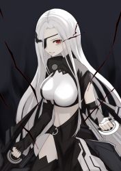 Rule 34 | 1girl, absurdres, alchemist (girls&#039; frontline), black gloves, black skirt, breasts, crop top, dual wielding, elbow gloves, eyepatch, feet out of frame, fingerless gloves, girls&#039; frontline, gloves, grey background, highres, holding, holding weapon, large breasts, long hair, looking at viewer, open mouth, parted lips, red eyes, sangvis ferri, skirt, solo, standing, teeth, thomas 8000, weapon, white hair