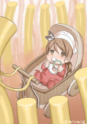Rule 34 | 1girl, aged down, baby, bib, brown eyes, brown hair, commentary request, feathers, food, hair between eyes, headdress, kantai collection, littorio (kancolle), long hair, misumi (niku-kyu), pacifier, pasta, stroller, twitter username