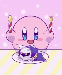 Rule 34 | animated, animated gif, blue eyes, blue skin, blush stickers, cape, colored skin, fork, gloves, happy, kirby, kirby (series), looking at another, mask, meta knight, nintendo, no humans, on plate, open mouth, pauldrons, pink background, pink skin, plate, re38433, shoulder armor, smile, spoon, star (symbol), sweat, yellow eyes