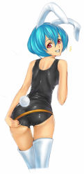 Rule 34 | 00s, animal ears, ass, bad id, bad pixiv id, black one-piece swimsuit, blue hair, chiester410, chiester sisters, looking back, old school swimsuit, one-piece swimsuit, playboy bunny swimsuit, rabbit ears, red eyes, school swimsuit, smile, solo, swimsuit, task (artist), thighhighs, umineko no naku koro ni