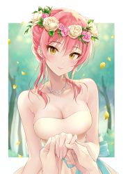 Rule 34 | 1girl, breasts, cleavage, closed mouth, collarbone, dress, earrings, flower, hair between eyes, hair flower, hair ornament, head wreath, highres, idolmaster, idolmaster cinderella girls, jewelry, jougasaki mika, looking at viewer, medium breasts, necklace, petals, pink flower, pink hair, q-v (levia), ring, short hair with long locks, sidelocks, smile, solo focus, sparkle, strapless, strapless dress, wedding dress, wedding ring, white dress, yellow eyes, yellow flower