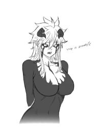 Rule 34 | 1girl, black clover, black sclera, breasts, colored sclera, demon girl, english text, female liebe (black clover), genderswap, genderswap (mtf), highres, honexstage, large breasts, liebe (black clover), looking at viewer, monochrome, navel, sharp teeth, simple background, sketch, solo, teeth, upper body, white background